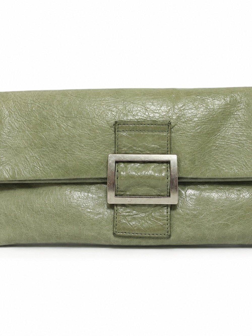 bebe Minty-Sage Green Leather Fold-Over Clutch with Silver Buckle Satin lining